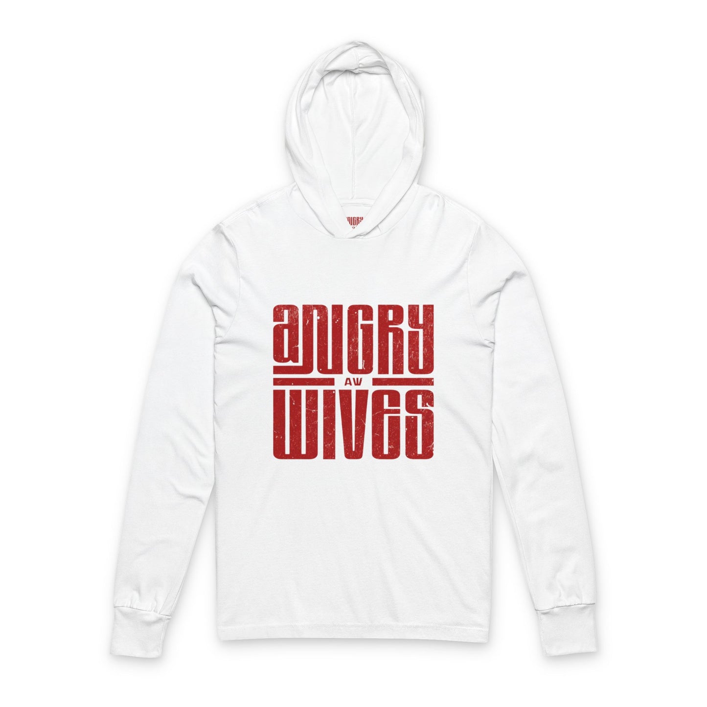 Angry Wives Hooded Long Sleeve Tee — Bold Red Retro Typography